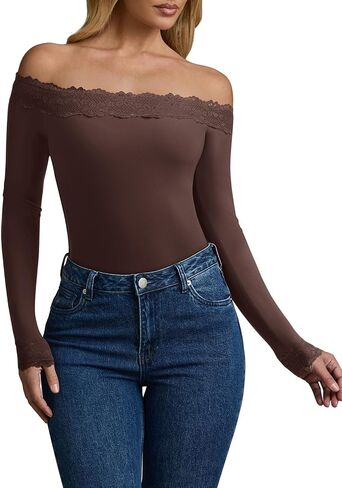 REORIA Women's Sexy Off The Shoulder Long Sleeve Bodysuit Lace Body Suits Going Out Tops Fall Outfit 2025 in Saudi Arabia