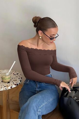 REORIA Women's Sexy Off The Shoulder Long Sleeve Bodysuit Lace Body Suits Going Out Tops Fall Outfit 2025 in Saudi Arabia
