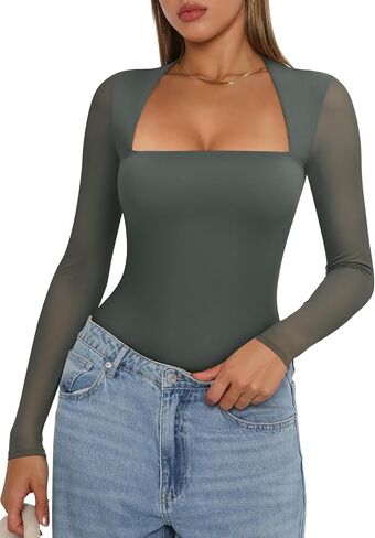 Pinkmstyle Womens Square Neck Mesh Long Sleeve Podysuit Out Out Tops Tops Night Outfit 2025 in Kuwait