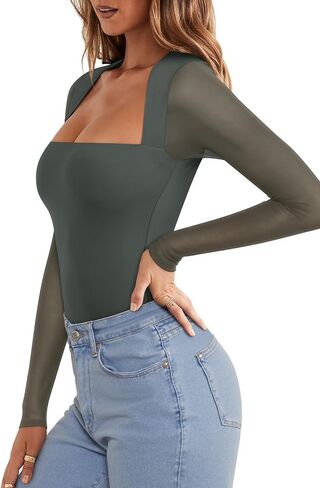 Pinkmstyle Womens Square Neck Mesh Long Sleeve Podysuit Out Out Tops Tops Night Outfit 2025 in Kuwait