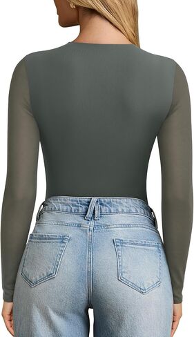 Pinkmstyle Womens Square Neck Mesh Long Sleeve Podysuit Out Out Tops Tops Night Outfit 2025 in Kuwait
