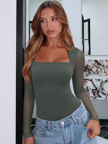 Pinkmstyle Womens Square Neck Mesh Long Sleeve Podysuit Out Out Tops Tops Night Outfit 2025 in Kuwait