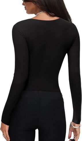 REORIA Womens Sexy Deep V Neck Bodysuit Cross Wrap Bodysuit Long Sleeve Double Lined Top Going Out Outfits in Kuwait