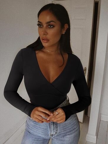 REORIA Womens Sexy Deep V Neck Bodysuit Cross Wrap Bodysuit Long Sleeve Double Lined Top Going Out Outfits in Kuwait