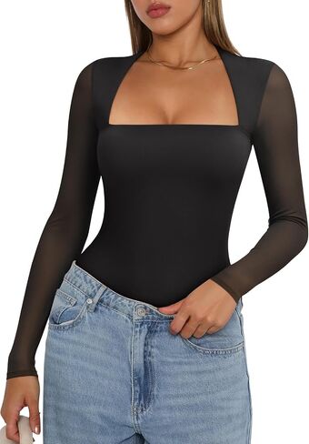 Pinkmstyle Womens Square Neck Mesh Long Sleeve Podysuit Out Out Tops Tops Night Outfit 2025 in Saudi Arabia