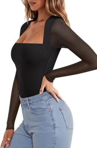Pinkmstyle Womens Square Neck Mesh Long Sleeve Podysuit Out Out Tops Tops Night Outfit 2025 in Saudi Arabia
