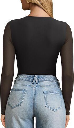Pinkmstyle Womens Square Neck Mesh Long Sleeve Podysuit Out Out Tops Tops Night Outfit 2025 in Saudi Arabia