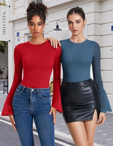 جرس Avidlove Women's Bell Long Sudysits Thong Crew Neck Mesh Suit Out out leotard قمم in Kuwait