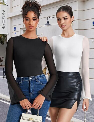 Avidlove Women's Bell Long Sleeve Bodysuits Thong Crew Neck Mesh Body Suit Going Out Leotard Tops in Kuwait