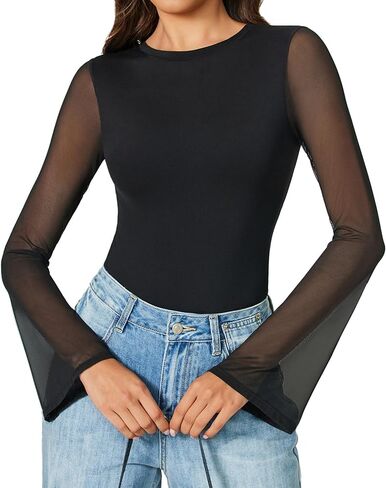 Avidlove Women's Bell Long Sleeve Bodysuits Thong Crew Neck Mesh Body Suit Going Out Leotard Tops in Kuwait