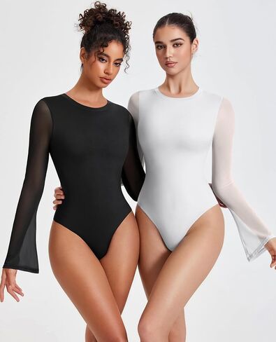 Avidlove Women's Bell Long Sleeve Bodysuits Thong Crew Neck Mesh Body Suit Going Out Leotard Tops in Kuwait