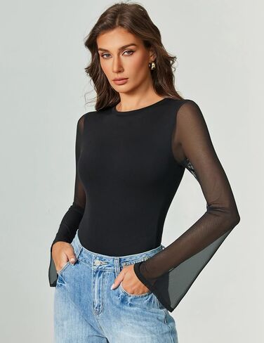 Avidlove Women's Bell Long Sleeve Bodysuits Thong Crew Neck Mesh Body Suit Going Out Leotard Tops in Kuwait