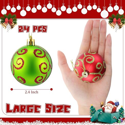 Syhood 24 Pcs Red Green Christmas Ball Ornaments, 2.4 Inch Glittering Plastic Hanging Decorations for Christmas Tree, Shatterproof Christmas Tree Balls for Xmas Wedding Party Decorations(Classic) in Saudi Arabia