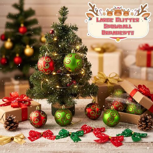 Syhood 24 Pcs Red Green Christmas Ball Ornaments, 2.4 Inch Glittering Plastic Hanging Decorations for Christmas Tree, Shatterproof Christmas Tree Balls for Xmas Wedding Party Decorations(Classic) in Saudi Arabia