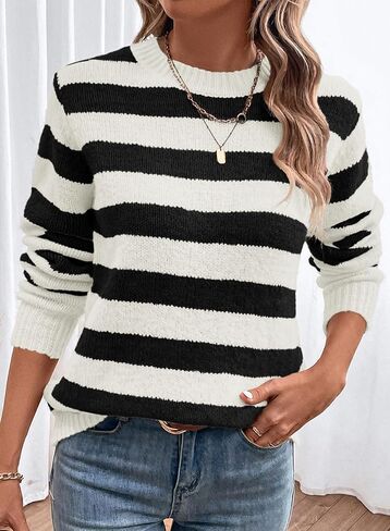 Dokotoo Sweaters for Women 2023 Crewneck Striped Cute Color Block Fall Winter Knitted Pullover Tops in Kuwait
