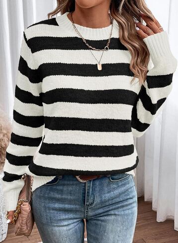 Dokotoo Sweaters for Women 2023 Crewneck Striped Cute Color Block Fall Winter Knitted Pullover Tops in Kuwait