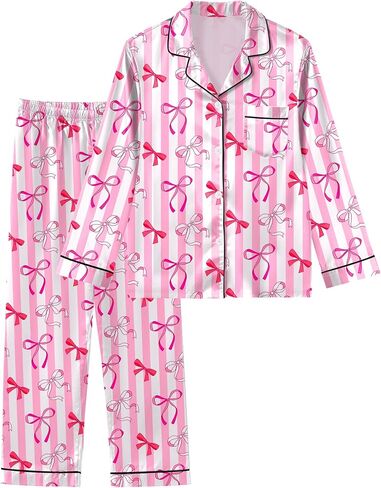 Nidoul Girls Pajamas Satin Pajama set Silky Bow PJS Long Sleeve Button Down Down Sleepwear Loungwear Mets for Big Kids 7-14y in Kuwait