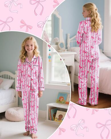 Nidoul Girls Pajamas Satin Pajama set Silky Bow PJS Long Sleeve Button Down Down Sleepwear Loungwear Mets for Big Kids 7-14y in Kuwait