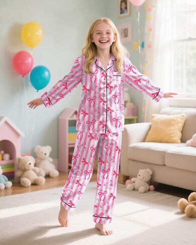 Nidoul Girls Pajamas Satin Pajama set Silky Bow PJS Long Sleeve Button Down Down Sleepwear Loungwear Mets for Big Kids 7-14y in Kuwait