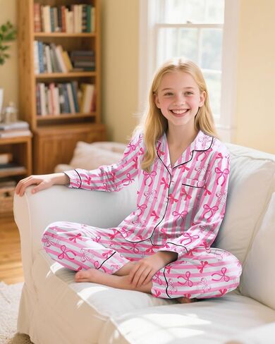 Nidoul Girls Pajamas Satin Pajama set Silky Bow PJS Long Sleeve Button Down Down Sleepwear Loungwear Mets for Big Kids 7-14y in Kuwait