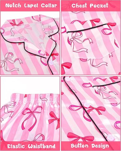 Nidoul Girls Pajamas Satin Pajama set Silky Bow PJS Long Sleeve Button Down Down Sleepwear Loungwear Mets for Big Kids 7-14y in Kuwait