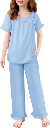 Arshiner Girls Pajamas Soft 2 Piece Pjs Sets Ruffle Short Sleeve Long Pants Sleepwear in Saudi Arabia