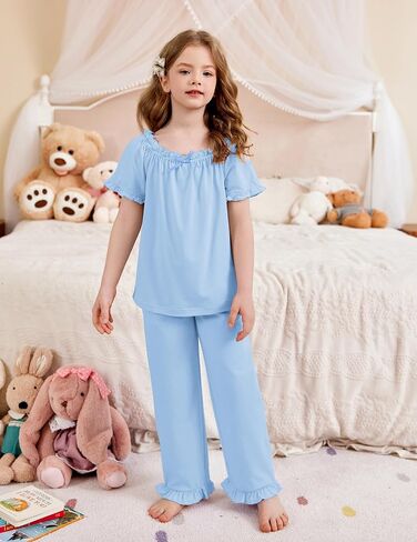 Arshiner Girls Pajamas Soft 2 Piece Pjs Sets Ruffle Short Sleeve Long Pants Sleepwear in Saudi Arabia