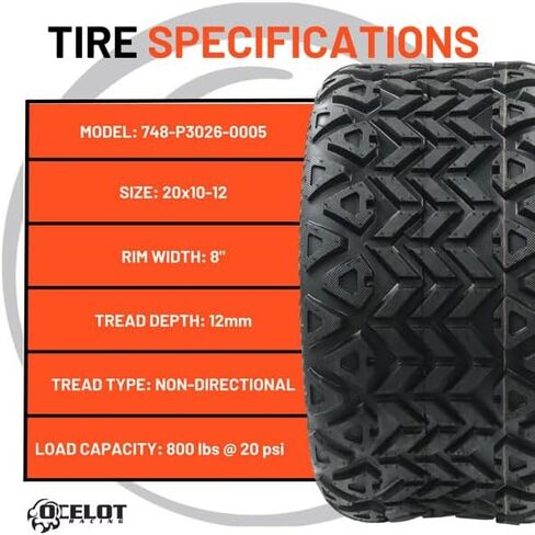 Ocelot P3026 20x10-12 Golf Cart Tires Rugged 4-Ply Multi-Terrain Tire with Superior Traction and Mud-Resistant Self-Cleaning Tread Design for Long-Lasting Performance on Any Road in Saudi Arabia