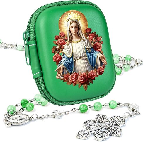 الخرز المسبحة الكاثوليكية للنساء - حبات زجاجية مصبوغة بالمياه مع صليب القلب المقدس ، صندوق هدايا ميدال مريم العذراء ، هدية صلاة مثالية in Kuwait
