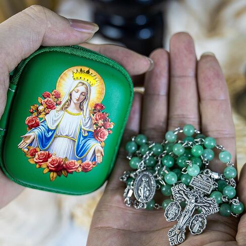 الخرز المسبحة الكاثوليكية للنساء - حبات زجاجية مصبوغة بالمياه مع صليب القلب المقدس ، صندوق هدايا ميدال مريم العذراء ، هدية صلاة مثالية in Kuwait