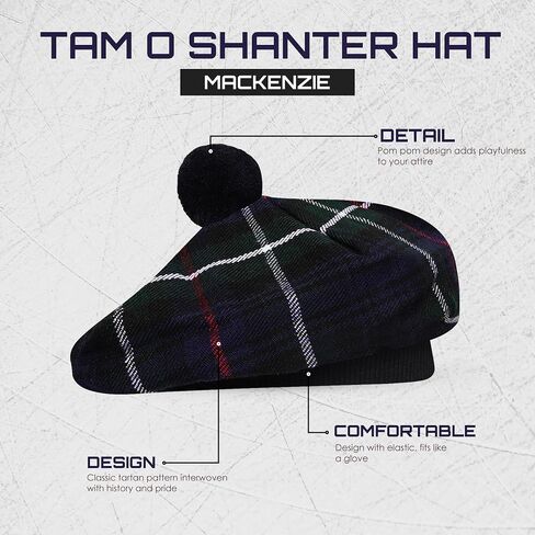 Scottish Tam o' Shanter Hat for Men - Acrylic Wool Flat Bonnet Kilt Cap in Various Tartans in Saudi Arabia