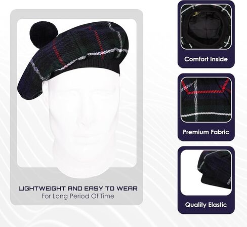 Scottish Tam o' Shanter Hat for Men - Acrylic Wool Flat Bonnet Kilt Cap in Various Tartans in Saudi Arabia
