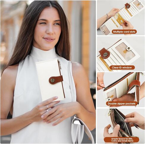 محفظة المرأة RFID كبيرة الحجم Bifold Multi Wallet Wallet مع حامل بطاقة ائتمان Zipper Pocke للنساء Beige Brown in Kuwait