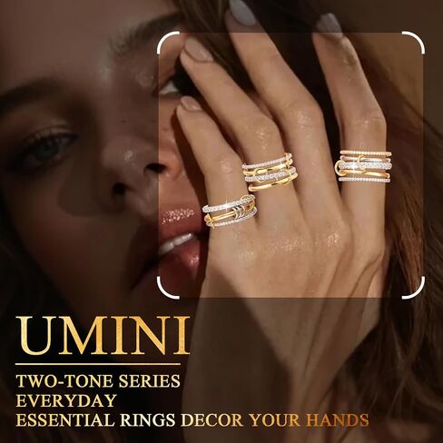 18K Gold plated Stackable Rings For Women Silver And Gold Stackable Ring Set Cubic Zircon Mixed Metal Rings For Engagement Wedding Birthday Valentine's Day Mother's Day Gift in Saudi Arabia