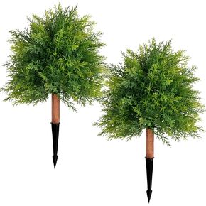 28" Artificial Cedar Topiary Ball Trees, 2 Pack Fake Plants with UV Resistant Evergreen Texture, Durable Ground Spikes Faux Shrubs Bushes Artificial Plants for Outdoor Indoor Front Porch Garden Decor in Saudi Arabia