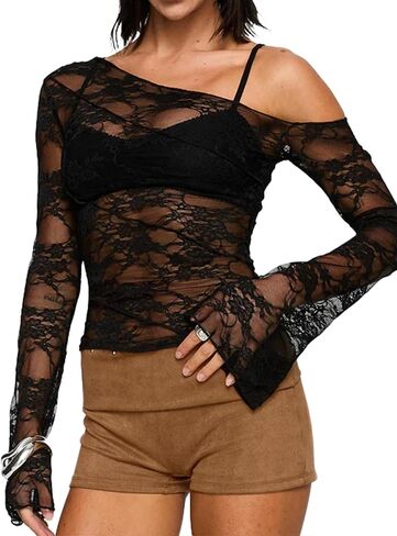 المرأة قبالة القمم الكتف من الدانتيل شبكة طويلة الأكمام الخروج من القمصان in Kuwait