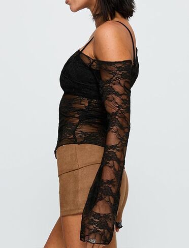 المرأة قبالة القمم الكتف من الدانتيل شبكة طويلة الأكمام الخروج من القمصان in Kuwait