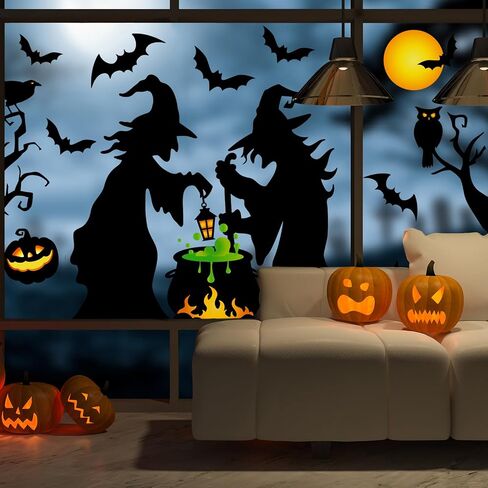 Extra Large Halloween Window Clings Black Witch Castle Bat Window Stickers Double-Sided Glass Decals for Home Classroom Office Party Decoration, 4 Sheets in Saudi Arabia