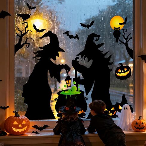 Extra Large Halloween Window Clings Black Witch Castle Bat Window Stickers Double-Sided Glass Decals for Home Classroom Office Party Decoration, 4 Sheets in Saudi Arabia