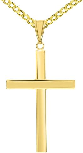 14k Yellow Gold Polished Simple Religious Cross Pendant with Cuban Chain Necklace in Kuwait