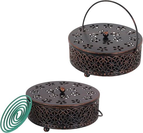 Portable Mosquito Coil Holder, hogardeck 6.3" Round Fireproof Metal Mosquito Incense Holder with Handle, Retro Hollow Incense Burner Yard Art for Garden, Lawn, Patio (Bronze, 2 Pack) in Kuwait