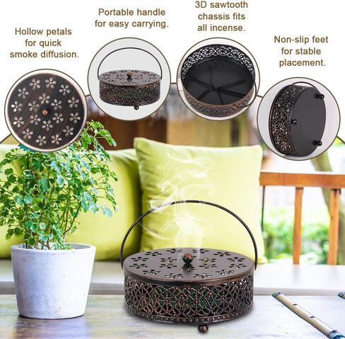 Portable Mosquito Coil Holder, hogardeck 6.3" Round Fireproof Metal Mosquito Incense Holder with Handle, Retro Hollow Incense Burner Yard Art for Garden, Lawn, Patio (Bronze, 2 Pack) in Kuwait