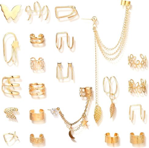 22PCS Gold Ear Cuffs, Adjustable Cuff Earrings for Women Non Piercing, Gold Clip on Earrings Butterfly Star Chain Twist Helix Leaf Wrap Set for Fake Cartilage Piercing in Saudi Arabia