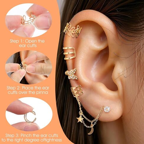 22PCS Gold Ear Cuffs, Adjustable Cuff Earrings for Women Non Piercing, Gold Clip on Earrings Butterfly Star Chain Twist Helix Leaf Wrap Set for Fake Cartilage Piercing in Saudi Arabia