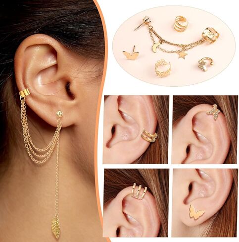 22PCS Gold Ear Cuffs, Adjustable Cuff Earrings for Women Non Piercing, Gold Clip on Earrings Butterfly Star Chain Twist Helix Leaf Wrap Set for Fake Cartilage Piercing in Saudi Arabia