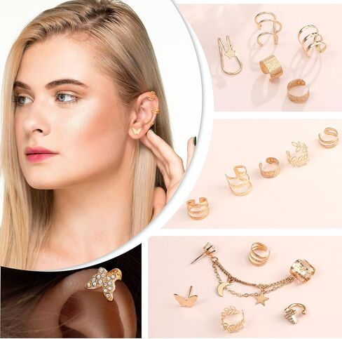 22PCS Gold Ear Cuffs, Adjustable Cuff Earrings for Women Non Piercing, Gold Clip on Earrings Butterfly Star Chain Twist Helix Leaf Wrap Set for Fake Cartilage Piercing in Saudi Arabia
