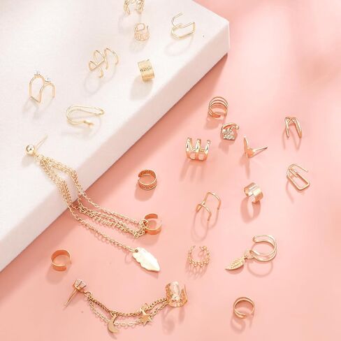 22PCS Gold Ear Cuffs, Adjustable Cuff Earrings for Women Non Piercing, Gold Clip on Earrings Butterfly Star Chain Twist Helix Leaf Wrap Set for Fake Cartilage Piercing in Saudi Arabia