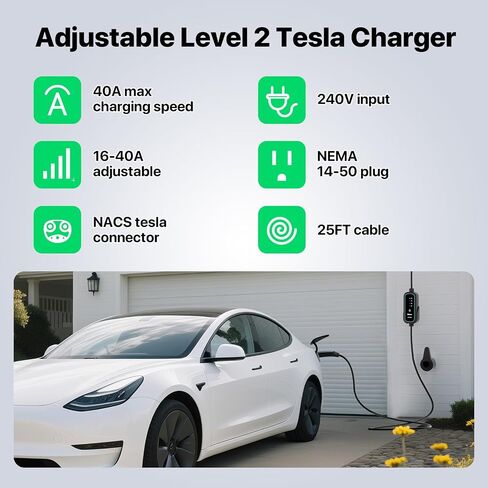 40A Tesla Level 2 NACS Connector EV Charger 9.6kW محطات شحن السيارات الكهربائية السريعة للمنزل مع 240 فولت NEMA 14-50 ، كابل 25 قدمًا ، حقيبة سفر ، منفذ لاسلكي in Kuwait
