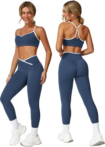 Women 2 Piece Workout Sets ColorBlock Cross Back Sports Bra High Waist Tummy Control Active Leggings Yoga Outfit in Saudi Arabia