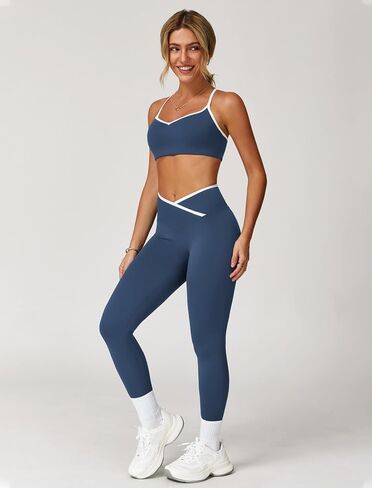 Women 2 Piece Workout Sets ColorBlock Cross Back Sports Bra High Waist Tummy Control Active Leggings Yoga Outfit in Saudi Arabia